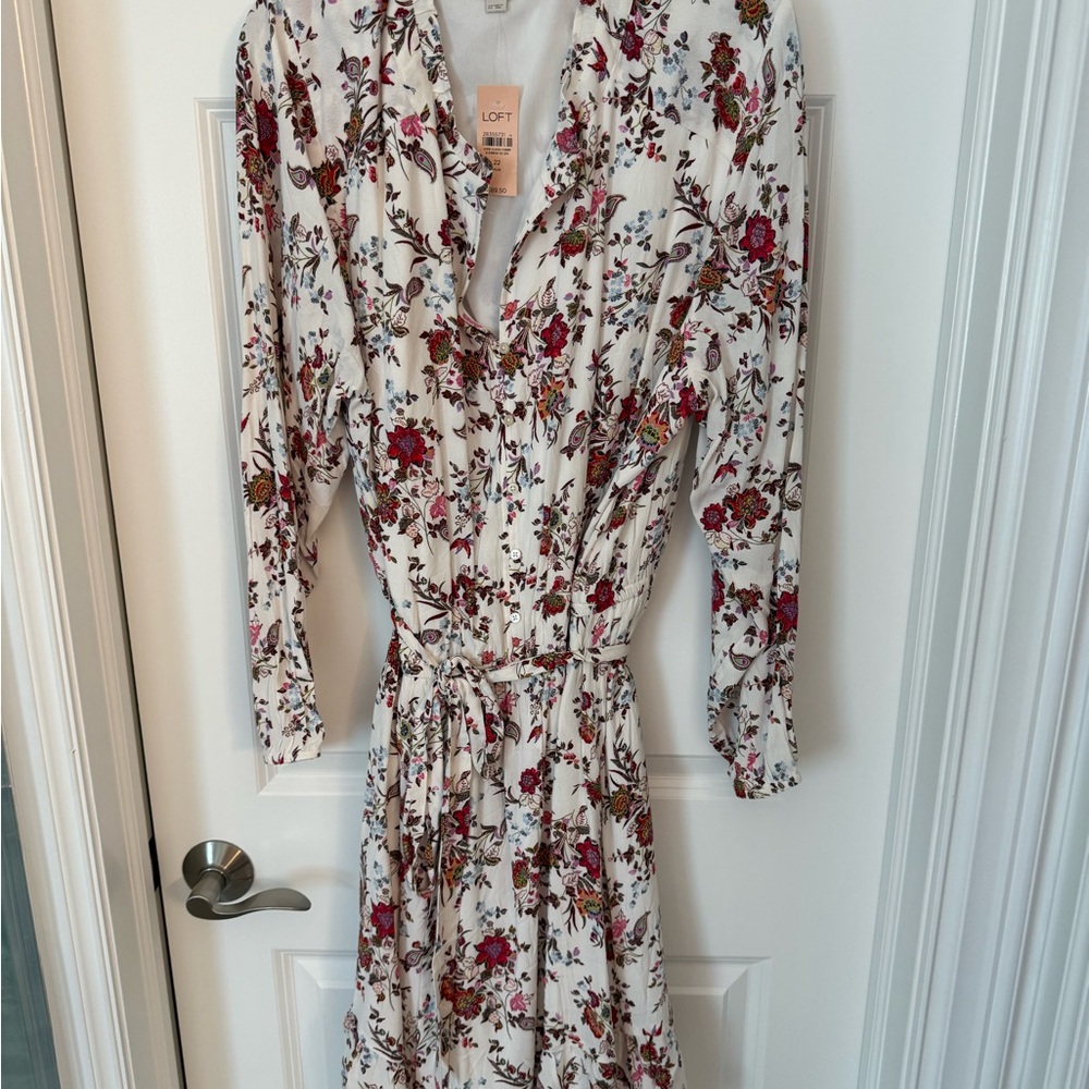 LOFT Long Sleeve Floral Dress - White and Red